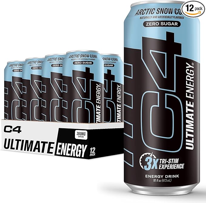 C4 Ultimate Sugar Free Energy Drink 16oz (Pack of 12) | Arctic Snow Cone | Pre Workout Performance Drink with No Artificial Colors or Dyes