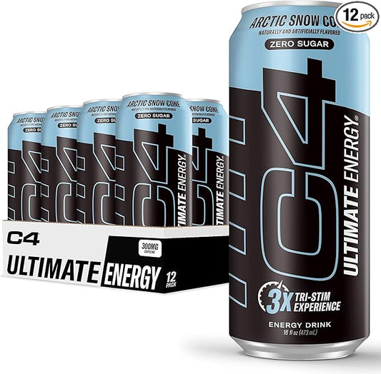 C4 Ultimate Sugar Free Energy Drink 16oz (Pack of 12) | Arctic Snow Cone | Pre Workout Performance Drink with No Artificial Colors or Dyes