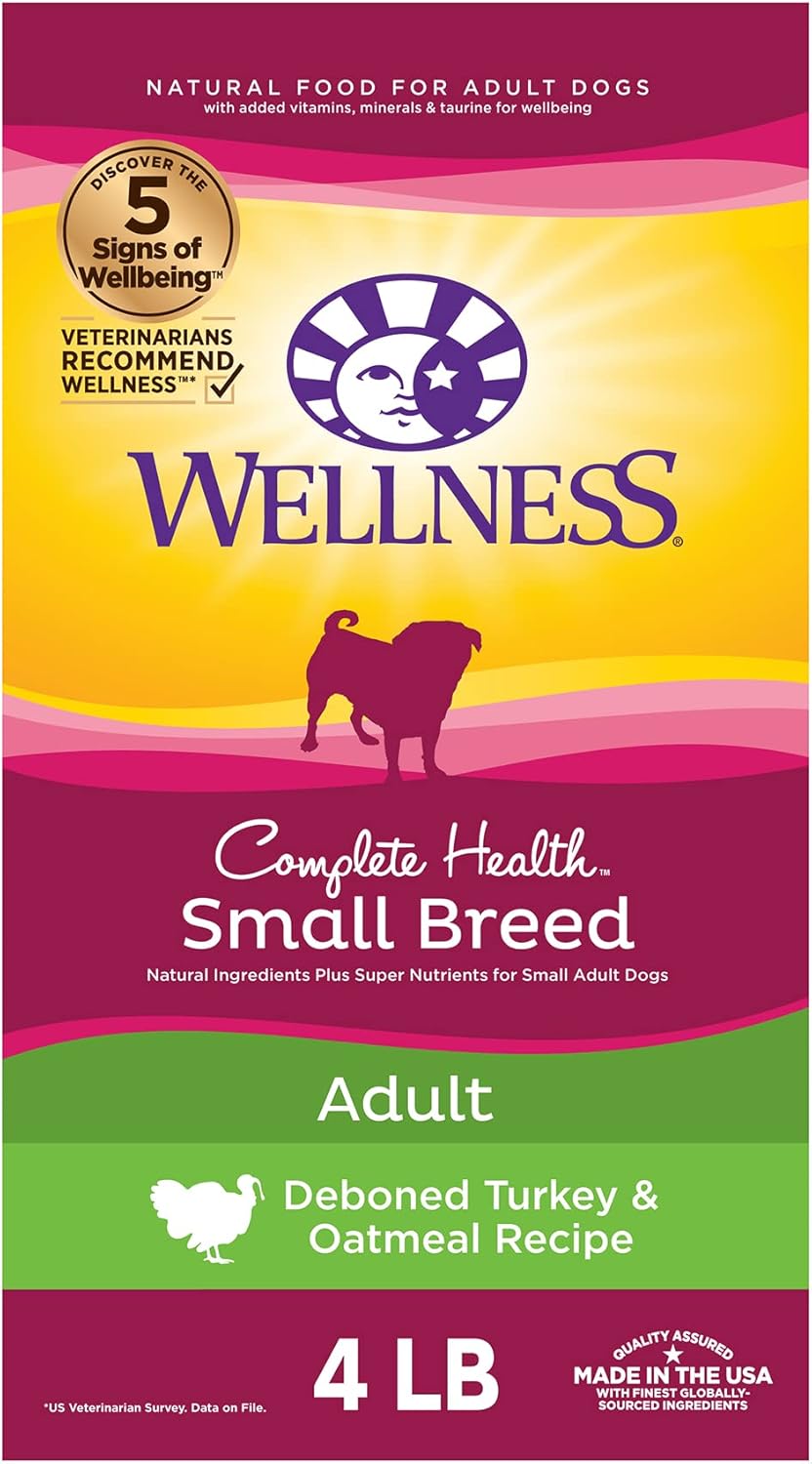 Wellness Complete Health Small Breed Dry Dog Food with Grains, Natural Ingredients, Made in USA with Real Turkey, For Dogs Up to 25 lbs, (Adult, Turkey & Oatmeal, 4-Pound Bag)