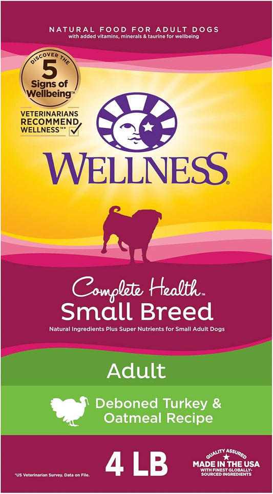 Wellness Complete Health Small Breed Dry Dog Food with Grains, Natural Ingredients, Made in USA with Real Turkey, For Dogs Up to 25 lbs, (Adult, Turkey & Oatmeal, 4-Pound Bag)