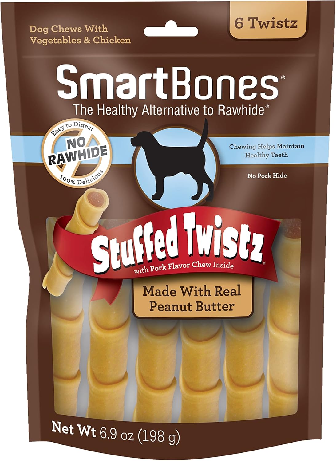 SmartBones Stuffed Twistz with Peanut Butter, Rawhide-Free Chews for Dogs Stuffed with Pork Flavor, 6 Twistz