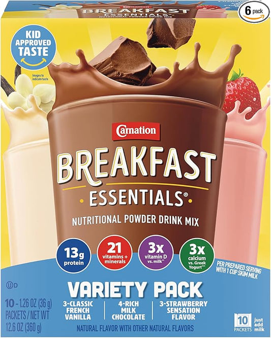 Carnation Breakfast Essentials Complete Nutritional Drink Rich Milk Chocolate/Classic French Vanilla/Strawberry Sensation Flavor 1.26 oz. 60 Ct