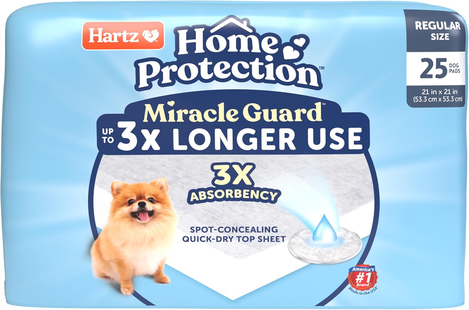 Hartz Home Protection Miracle Guard Dog Pads, Regular Size 25 Count, 3X Absorbency & 3X Longer use, Won't Leak and Odor Eliminating
