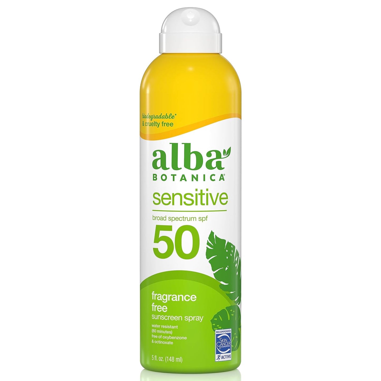 Alba Botanica Sensitive Sunscreen Spray for Face and Body, Fragrance-Free, Broad Spectrum SPF 50, Water Resistant, 5 fl. oz. Bottle