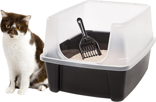 IRIS USA Open Top Cat Litter Tray with Scoop and Scatter Shield, Sturdy Easy to Clean High Sided Kitty Litter Pan with Tall Spray and Scatter Shield, Black/Clear