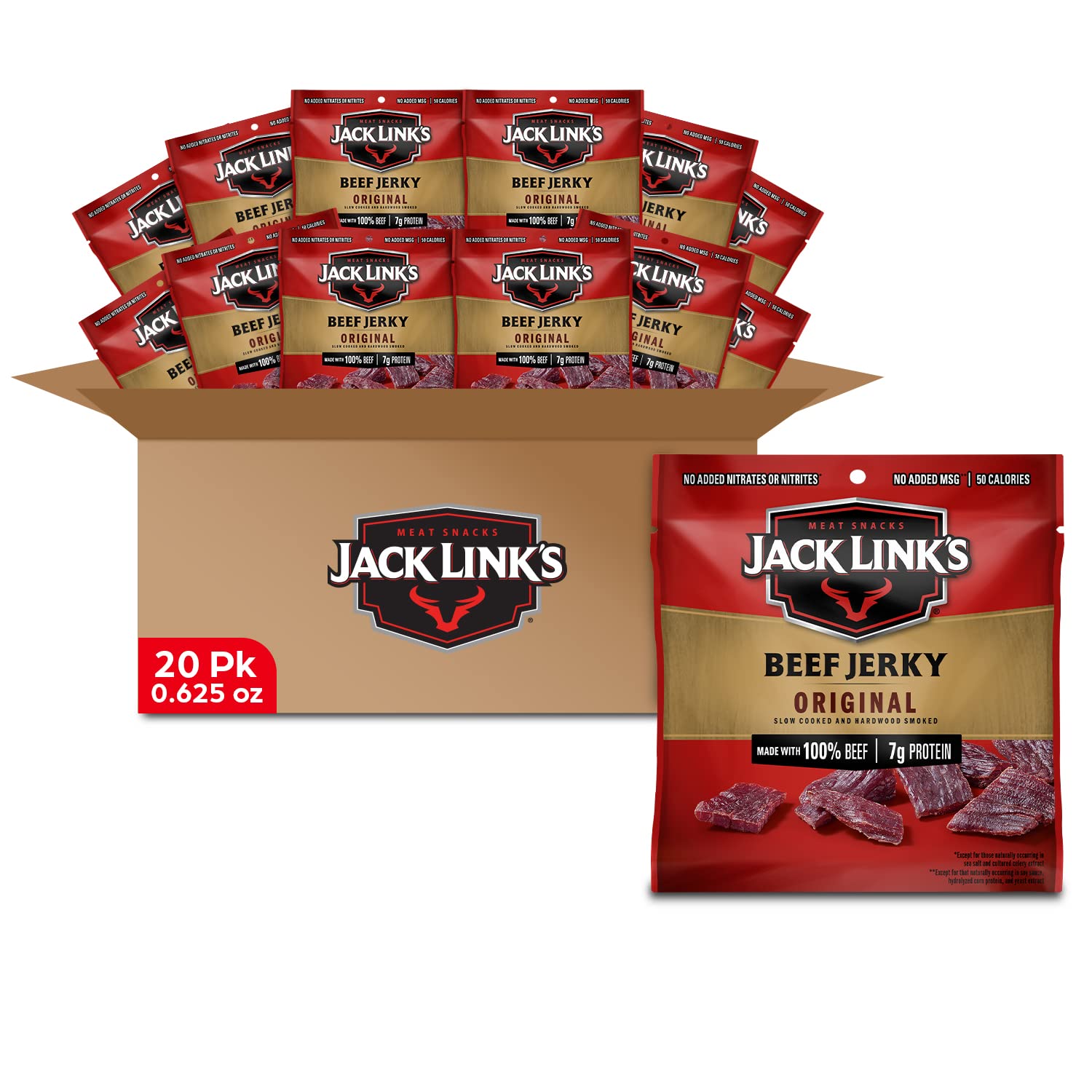 Jack Link's Beef Jerky, Original, Multipack Bags – Happy National Jerky Day, Meat Snacks, Great Father's Day Gifts for Dad, Individual Packs, 7g of Protein, Made with 100% Beef – 0.625 oz (Pack of 20)
