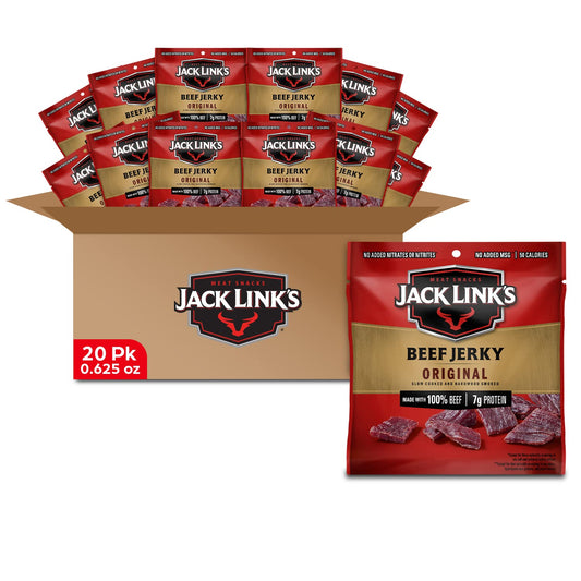 Jack Link's Beef Jerky, Original, Multipack Bags – Happy National Jerky Day, Meat Snacks, Great Father's Day Gifts for Dad, Individual Packs, 7g of Protein, Made with 100% Beef – 0.625 oz (Pack of 20)