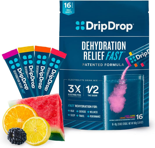 DripDrop Hydration - Bold Variety Pack - Electrolyte Drink Mix Single Serve Hydration Powder Packets - Watermelon, Berry, Lemon, Orange | Non-GMO, Gluten Free, Vegan | 16 Sticks