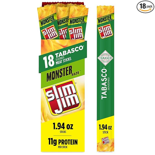 Slim Jim Monster Smoked Meat Sticks, Tabasco Flavor, High Protein, Stocking Stuffer, 1.94 oz. (18 Count)