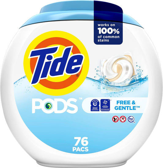 Tide PODS Free & Gentle Liquid Laundry Detergent Pacs, 76 count, Packaging may vary