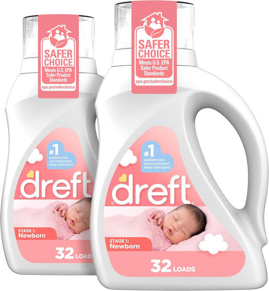 Dreft Stage 1: Newborn Hypoallergenic Baby Laundry Detergent Liquid Soap (HE), Natural for Baby, Newborn, or Infant, 46 Fl Oz (Pack of 2)