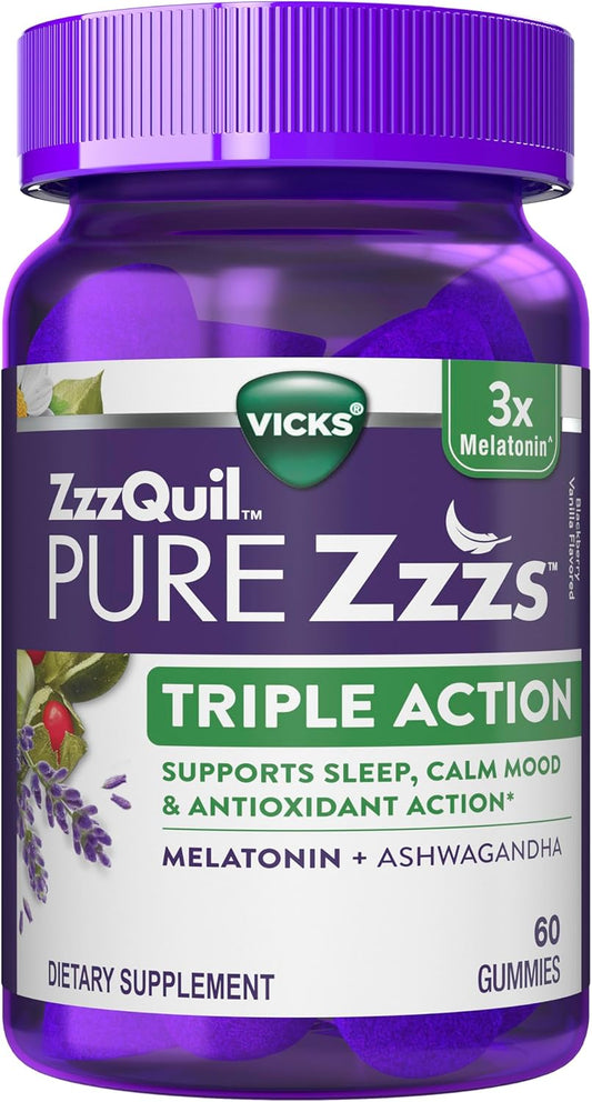 ZzzQuil PURE Zzzs Triple Action, 6mg Melatonin Gummies, 3X Melatonin Sleep Aid with Ashwagandha, Calm Mood & Antioxidant Action, Sleep Aid for Adults, 6...