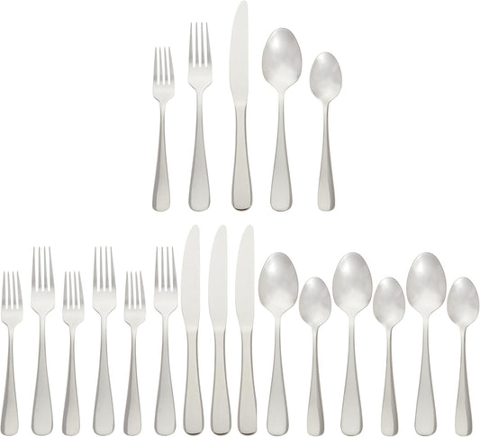 Amazon Basics 20-Piece Stainless Steel Flatware Set with Round Edge, Service for 4, Silver