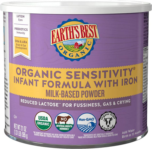 Earth's Best Organic Sensitive Baby Formula for Babies 0-12 Months, Reduced Lactose Powdered Infant Formula with Iron, Omega-3 DHA, and Omega-6 ARA, 21...