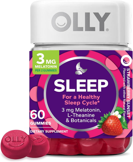OLLY Sleep Gummy, Occasional Sleep Support, 3 mg Melatonin, L-Theanine, Chamomile, Lemon Balm, Sleep Aid, Strawberry, 60 Count (Pack of 1)