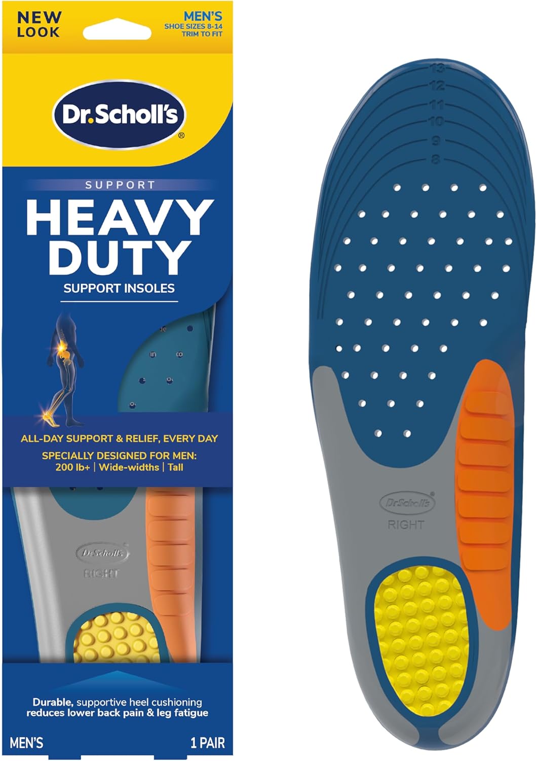 Dr. Scholl's Heavy Duty Support Insole Orthotics, Big & Tall, 200lbs+, Wide Feet, Shock Absorbing, Arch Support, Distributes Pressure, Trim to Fit Inserts, Work Boots & Shoes, Men Size 8-14, 1 Pair