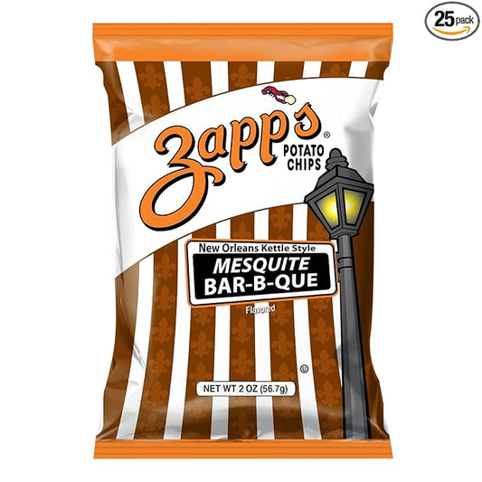 ZappÕs New Orleans Kettle-Style Potato Chips Mesquite BBQ Flavor (2 oz Bags, 25 Count), Crunchy Chips with a Spicy Kick, Perfect On-The-Go, Gluten Free Snack