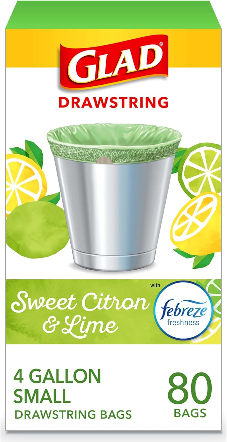 Glad Trash Bags, OdorShield Small Drawstring Garbage Bags - Febreze Sweet Citron & Lime - 4 Gallon - 80 Count
