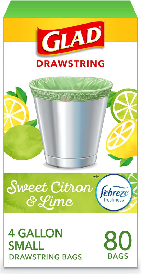 Glad Trash Bags, OdorShield Small Drawstring Garbage Bags - Febreze Sweet Citron & Lime - 4 Gallon - 80 Count
