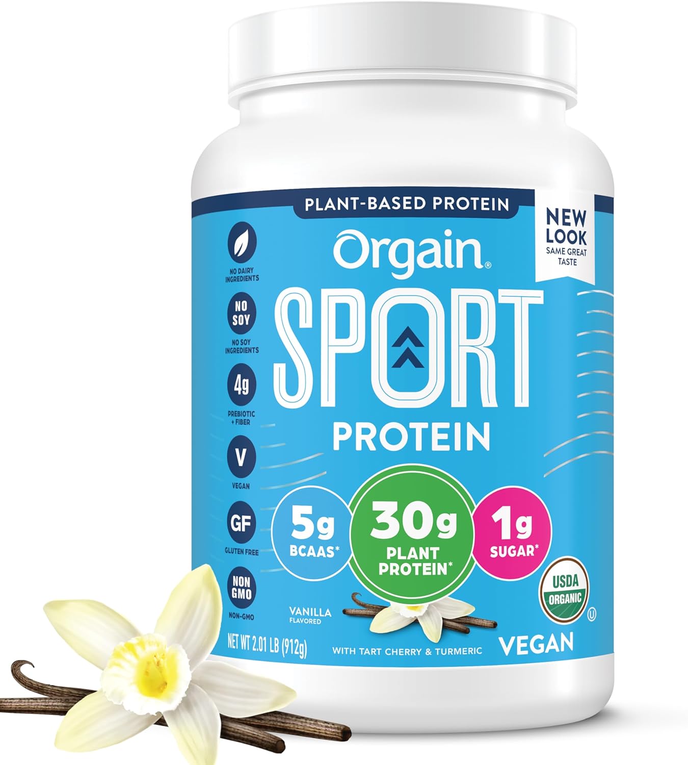 Orgain Organic Sport Vegan Protein Powder, Vanilla - 30g Plant Protein, 4g Prebiotic Fiber, 5g BCAA For Pre-Workout, Muscle Recovery, Gluten Free, Non-GMO, No Dairy or Lactose Ingredients - 2.01lb