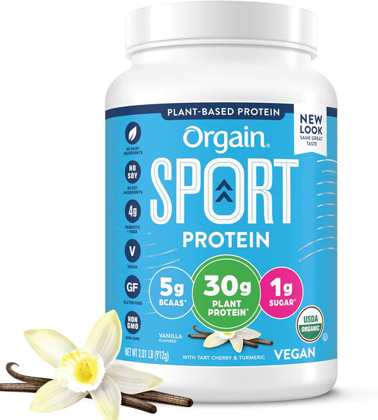 Orgain Organic Sport Vegan Protein Powder, Vanilla - 30g Plant Protein, 4g Prebiotic Fiber, 5g BCAA For Pre-Workout, Muscle Recovery, Gluten Free, Non-GMO, No Dairy or Lactose Ingredients - 2.01lb
