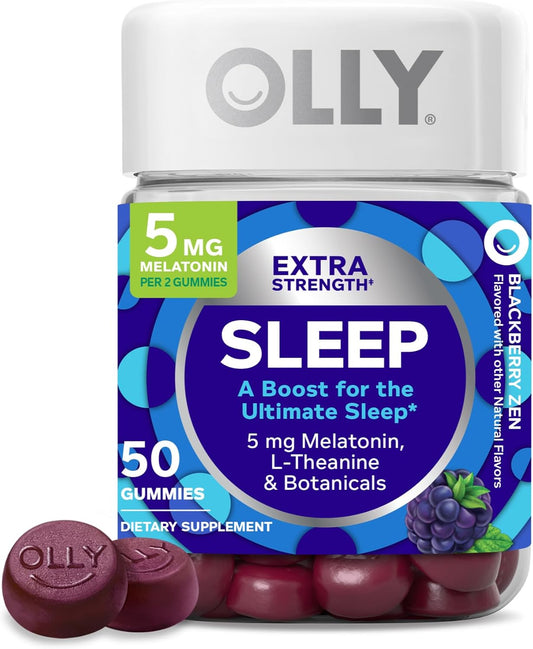 OLLY Extra Strength Sleep Gummy, Occasional Sleep Support, 5 mg Melatonin, L-Theanine, Chamomile, Lemon Balm, Sleep Aid, BlackBerry - 50 Count