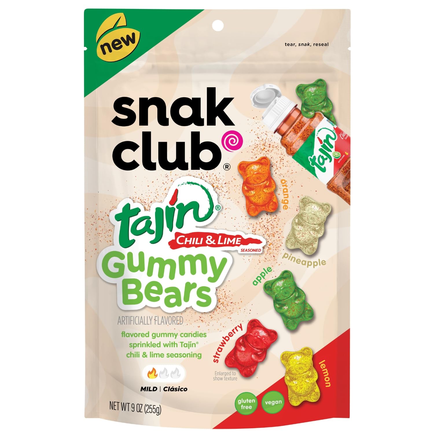 Snak Club Tajin Gummy Bears, Assorted Fruit Candy Gummies with Chili and Lime Seasoning, Mild, Gluten-Free and Vegan Snacks, 9 oz Resealable Bag