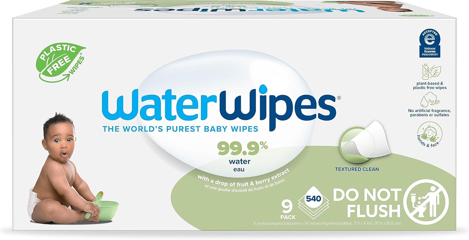 WaterWipes Plastic-Free Textured Clean, Toddler & Baby Wipes, 99.9% Water Based Wipes, Unscented & Hypoallergenic for Sensitive Skin, 540 Count (9...