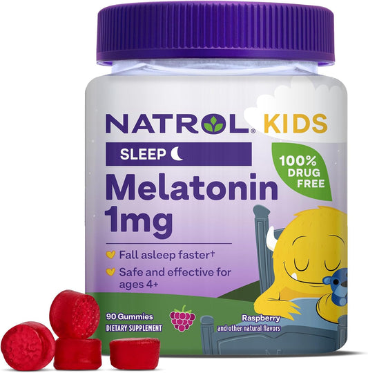 Natrol Kids Melatonin 1mg, Supplement for Restful Sleep, Sleep Gummies for Children, 90 Raspberry-Flavored Melatonin Gummies, 90 Day Supply