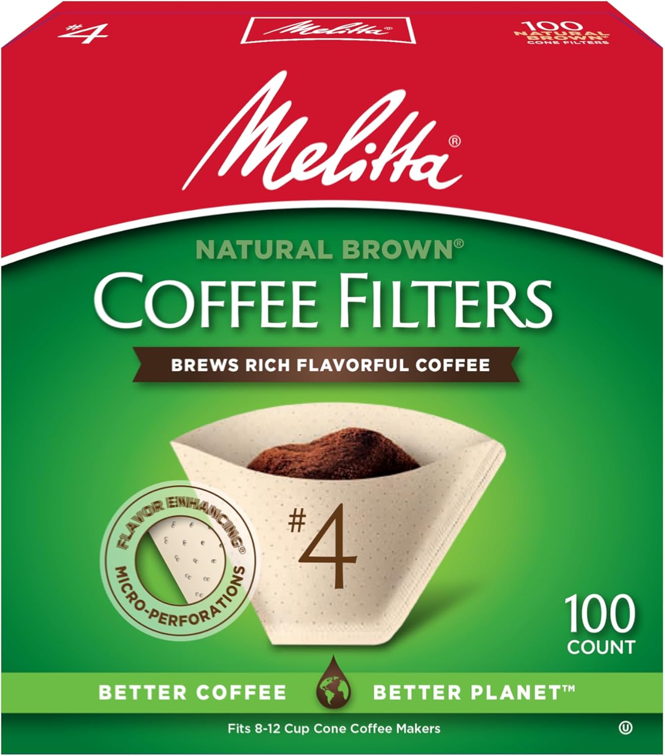 Melitta #4 Cone Coffee Filters, Unbleached Natural Brown, 100 Count (Pack of 6) 600 Total Filters Count - Packaging May Vary