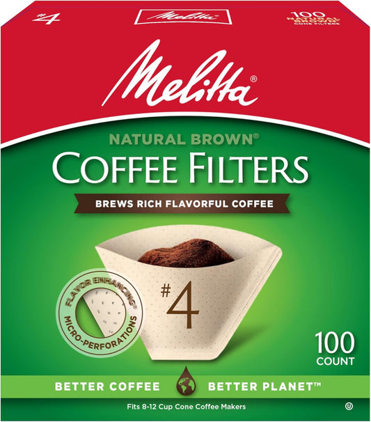 Melitta #4 Cone Coffee Filters, Unbleached Natural Brown, 100 Count (Pack of 6) 600 Total Filters Count - Packaging May Vary