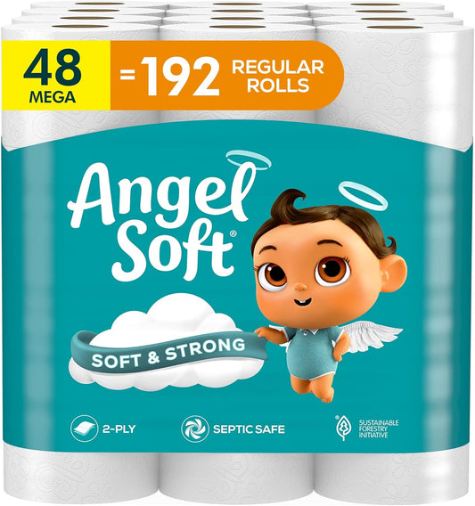 Angel Soft Toilet Paper, 48 Mega Rolls = 192 Regular Rolls, Soft and Strong Toilet Tissue
