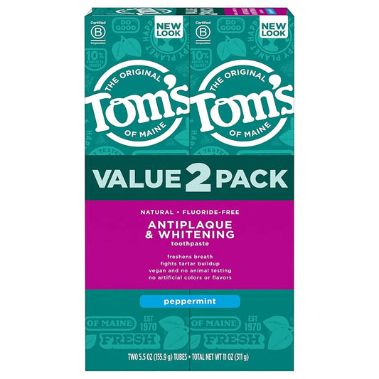 Tom's of Maine Fluoride-Free Antiplaque & Whitening Natural Toothpaste, Peppermint, 5.5 oz. 2-Pack