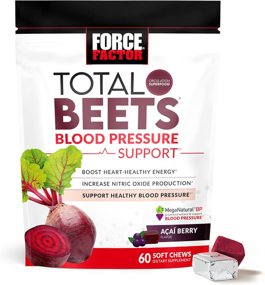 Force Factor Total Beets Blood Pressure Support Supplements with Beet Powder, Great-Tasting Beets Chewables for Heart-Healthy Energy, and Increased Nitric Oxide, 60 Chews