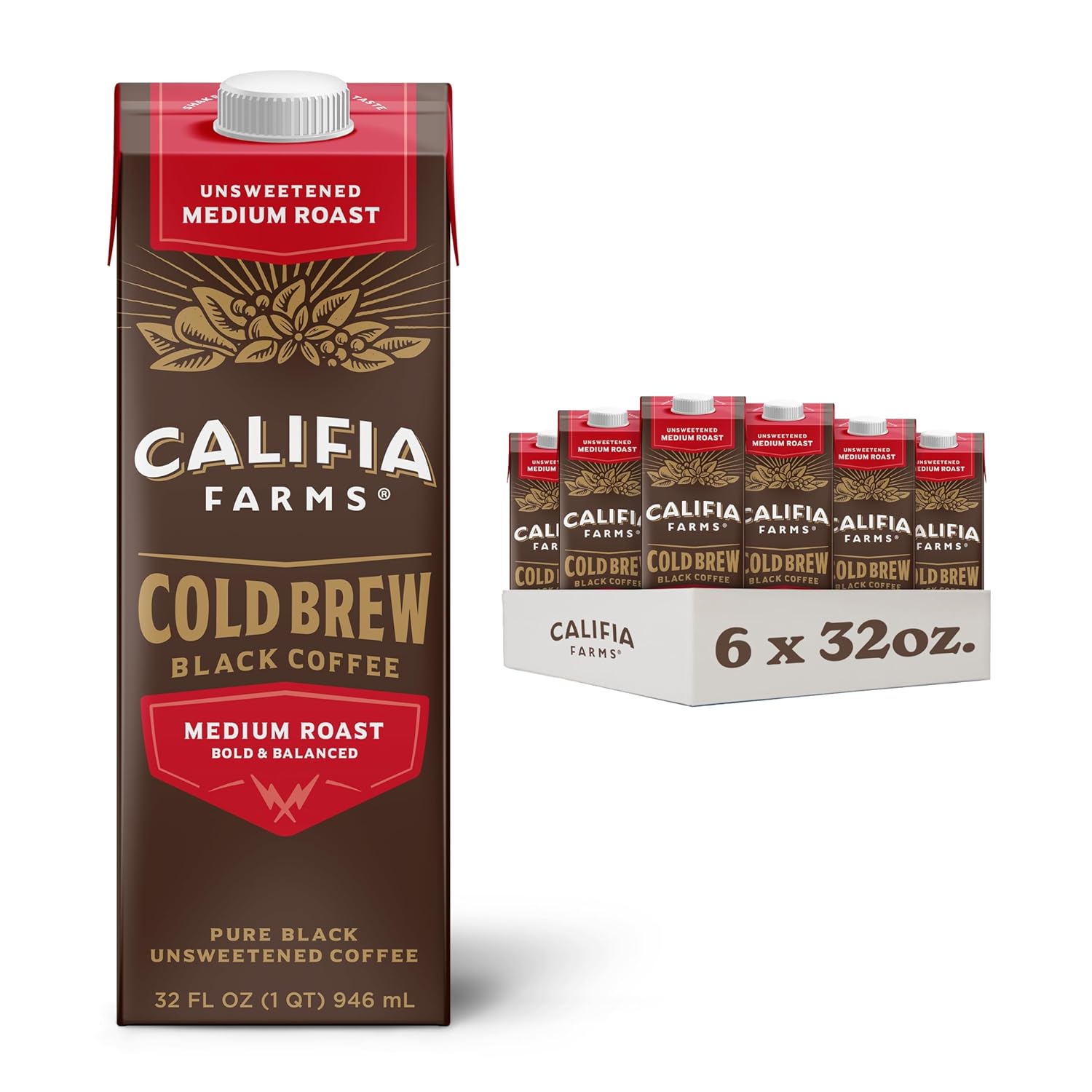 Califia Farms - Pure Black Medium Roast Cold Brew Coffee, 32 Oz (Pack of 6), 100% Arabica, Shelf Stable, Plant Based, Vegan, Gluten Free, Non GMO, Sugar Free, Iced Coffee