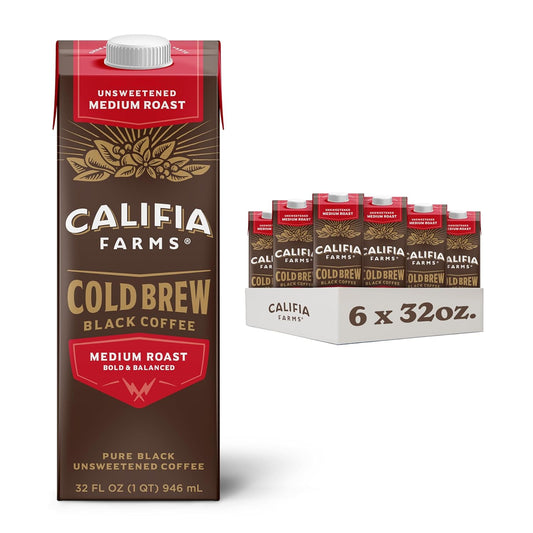 Califia Farms - Pure Black Medium Roast Cold Brew Coffee, 32 Oz (Pack of 6), 100% Arabica, Shelf Stable, Plant Based, Vegan, Gluten Free, Non GMO, Sugar Free, Iced Coffee