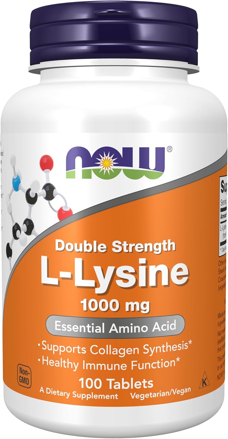 NOW Supplements, (L-Lysine Hydrochloride) 1,000 mg, Double Strength, Amino Acid, 100 Tablets
