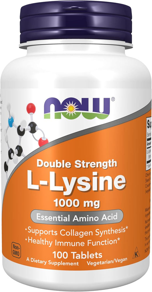 NOW Supplements, (L-Lysine Hydrochloride) 1,000 mg, Double Strength, Amino Acid, 100 Tablets