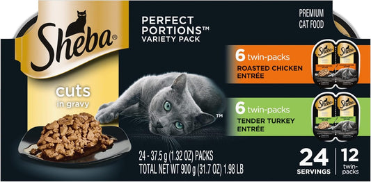 SHEBA Perfect Portions Cuts in Gravy Wet Cat Food Trays (12 Count, 24 Servings), Roasted Chicken and Tender Turkey Entrée, Easy Peel Twin-Pack Trays