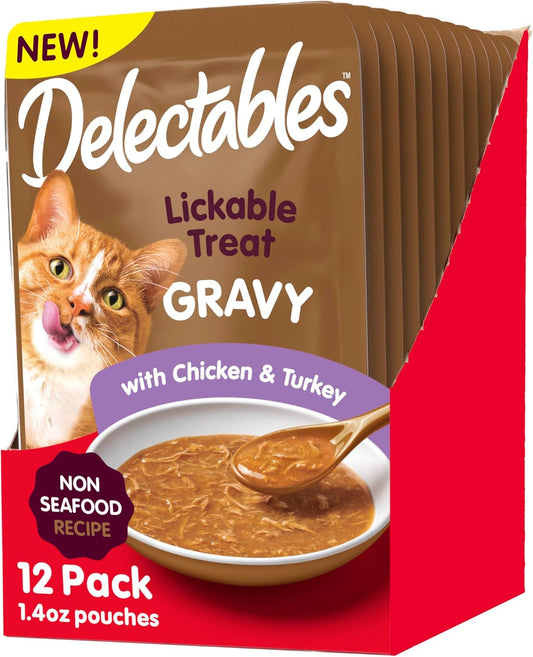 Hartz Delectables Gravy Non-Seafood Lickable Wet Cat Treat & Food Topper, Chicken & Turkey, 12 Pack, 1.40 Ounce (Pack of 12)