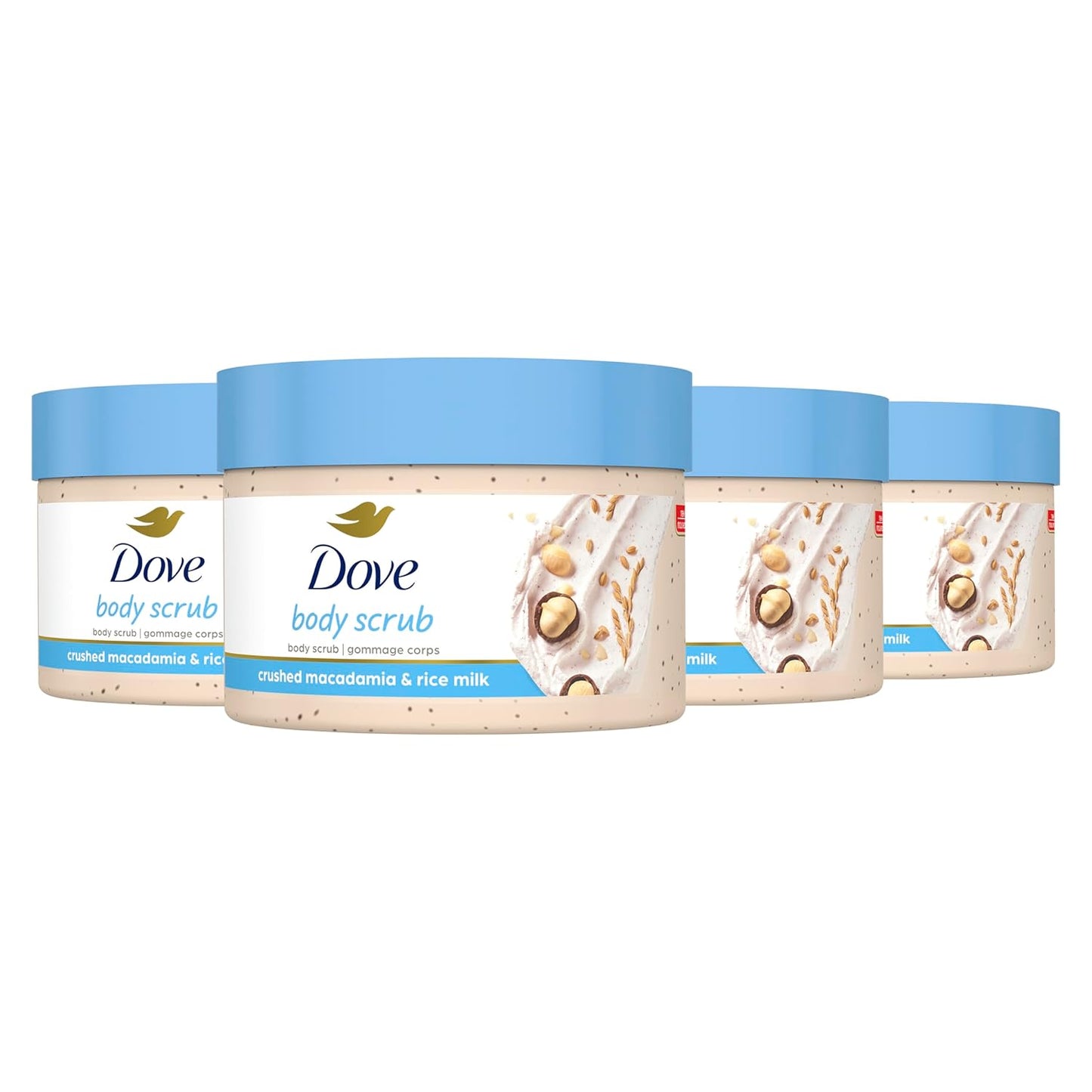 Dove Exfoliating Body Polish Scrub Reveals Visibly Smoother Skin Macadamia & Rice Milk Body Scrub That Nourishes Skin, 10.5 oz, 4 Count