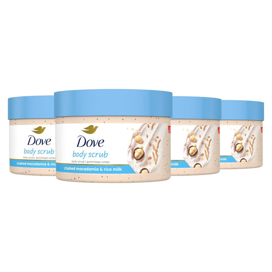 Dove Exfoliating Body Polish Scrub Reveals Visibly Smoother Skin Macadamia & Rice Milk Body Scrub That Nourishes Skin, 10.5 oz, 4 Count