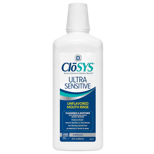 CloSYS Ultra Sensitive Mouthwash, 32 Ounce, Unflavored (Optional Flavor Dropper Included), Alcohol Free, Dye Free, pH Balanced, Helps Soothe Entire Mouth