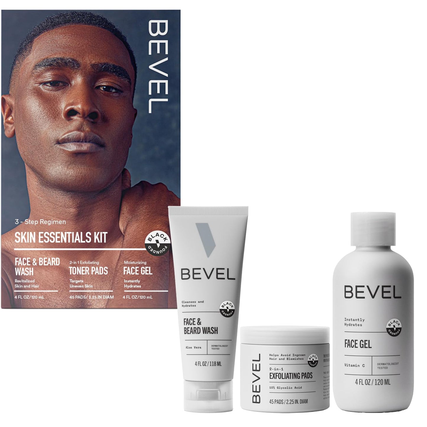 Bevel Skin Care Set - Includes Face Wash with Aloe Vera, Glycolic Acid Exfoliating Pads, Lightweight Face Moisturizer, Helps Treat Blemishes, Bumps and...