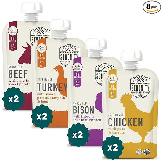 Serenity Kids 6+ Months Baby Food Pouches - Ethically Sourced Meat & Organic Veggies - High Protein Savory Baby Puree Pouches for Baby Snacks - 3.5 Oz, 8 Pack