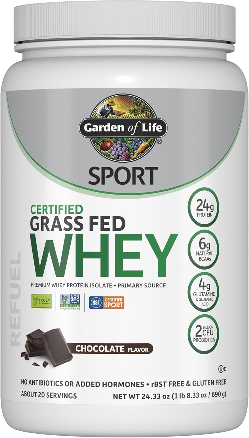 Garden of Life Sport Whey Protein Powder Chocolate, Premium Grass Fed Whey Protein Isolate Plus Probiotics for Immune System Health, 24g Protein, Non GMO,...