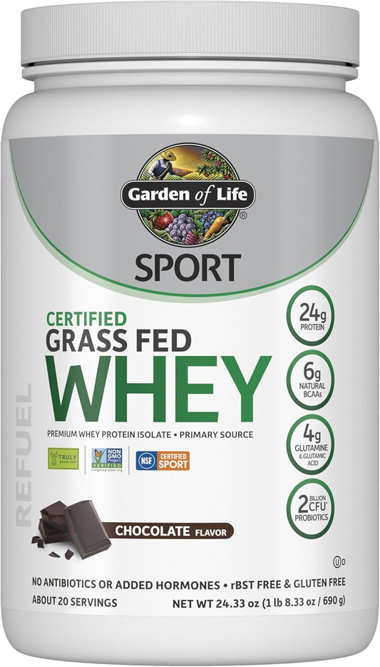Garden of Life Sport Whey Protein Powder Chocolate, Premium Grass Fed Whey Protein Isolate Plus Probiotics for Immune System Health, 24g Protein, Non GMO,...