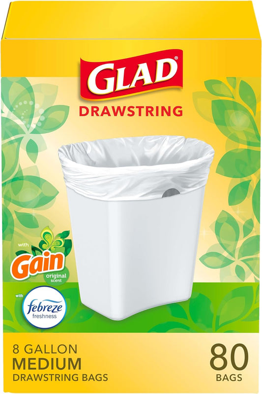 Glad Trash Bags, Medium Kitchen Drawstring Garbage Bags 8 Gallon White Trash Bag, Gain Original Scent (Package May Vary), Fresh, 80 Count