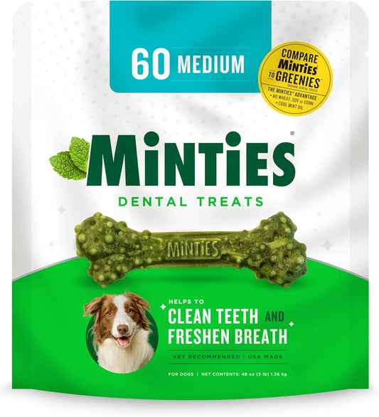 Minties Dental Chews for Dogs, 60 Count, Vet-Recommended Mint-Flavored Dental Treats for Medium Dogs 25-50 lbs, Dental Bones Clean Teeth, Fight Bad Breath,...