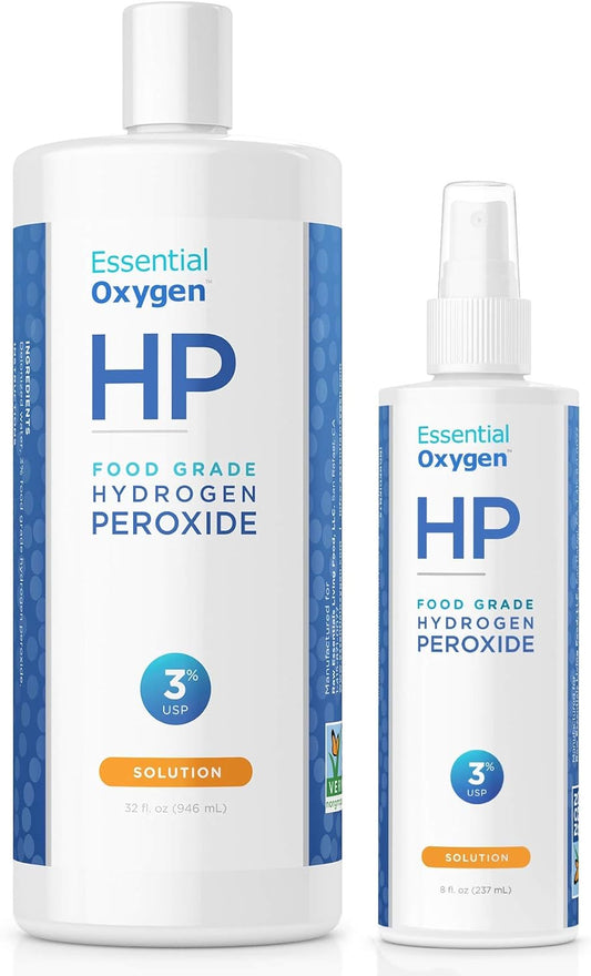Essential Oxygen, Food Grade Hydrogen Peroxide, 8 + 32 fl oz, Natural Cleaner, 3%, 1 - 8 fl oz spray and 1 - 32 fl oz bottle, Refill, HP (Pack of 2)